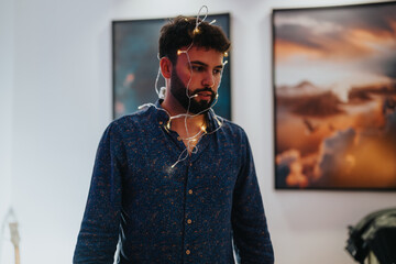 A man wearing a patterned shirt is surrounded by string lights, evoking a festive and playful...