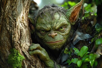 Obraz premium A green alien creature peers from behind a tree trunk