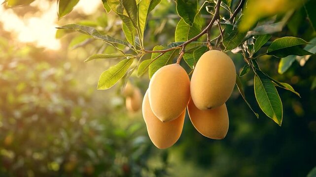 Fresh Yellow Mangoes on Tree with Sunlit Background