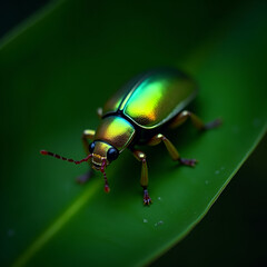 Iridescent green beetle vibrantly shimmering on leaf [Macro Photography]