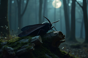 Large dark moth mysteriously resting on mossy log in moonlit night forest