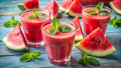 smoothies made with watermelon on blurry background 
