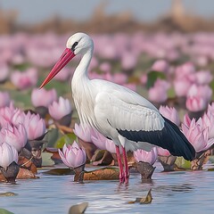 A white stork with a long beak among the pink lotus flowers © jibril