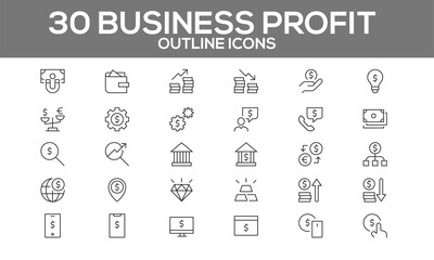 Business Profit Outline Icons – Finance & Growth Vector Set