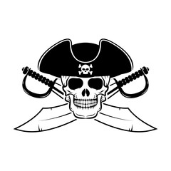  pirate skulls with swords. Design element for logo, label, emblem, sign, brand mark. Vector illustration.