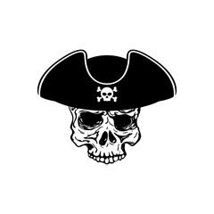  pirate skulls with swords. Design element for logo, label, emblem, sign, brand mark. Vector illustration.