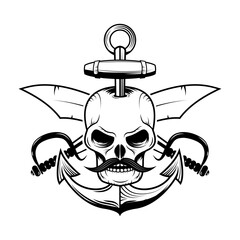  pirate skulls with swords. Design element for logo, label, emblem, sign, brand mark. Vector illustration.