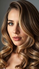 Naklejka premium Close-up portrait of a woman with glamorous curly hairstyle and radiant makeup, showcasing natural beauty
