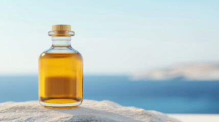 Obraz premium Glass bottle containing golden liquid resting on white sand, blurred ocean and hills creating luxurious wellness backdrop