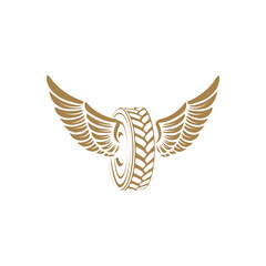 Tire service. Car repair. Winged wheels. Design elements for logo, label, emblem. Vector illustration.