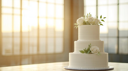 Elegant three tiered wedding cake decorated with white roses and greenery, resting on table near sunlight, radiating romantic wedding celebration mood