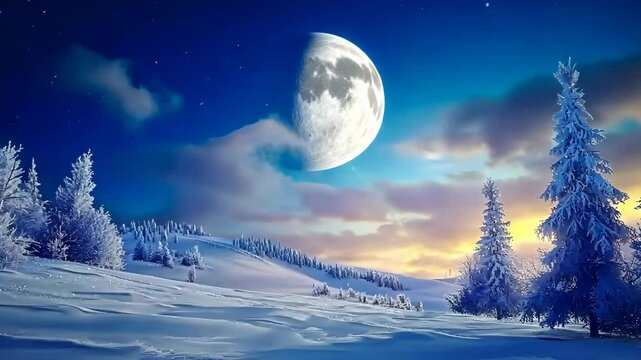 Stunning winter landscape at night with a bright moon and snow-covered trees