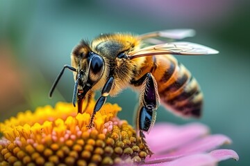 Fototapeta premium Honeybee Macro: Pollen Gathering on Vibrant Pink Flower