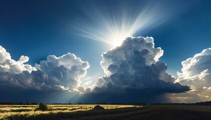 A dramatic cloudscape at dusk with rays of light breaking through, casting a beautiful glow over the landscape below