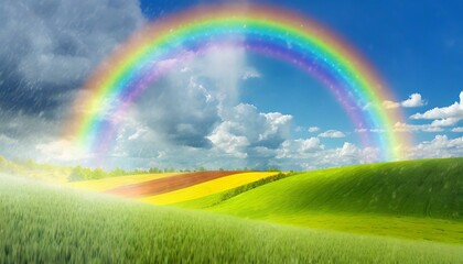 Naklejka premium Close-up of a rainbow forming after a spring rain, the colors bright against a backdrop of green fields and blue sky.