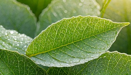 Fototapeta premium Extreme close-up of fresh green leaves, veins visible, covered in morning dew, with soft sunlight creating a natural glow.