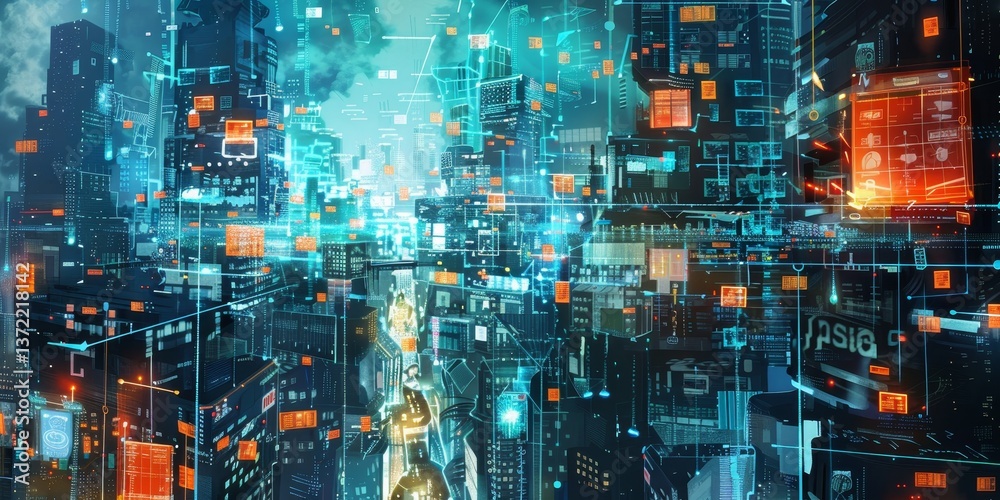 Poster cityscape with networked electronic devices and data