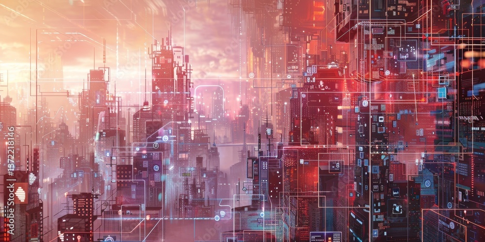 Poster cityscape with networked electronic devices and data