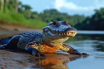 Obraz premium A large alligator rests near the water on a sandy shore
