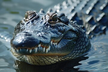 Obraz premium A large alligator swims in water and looks directly at the viewer