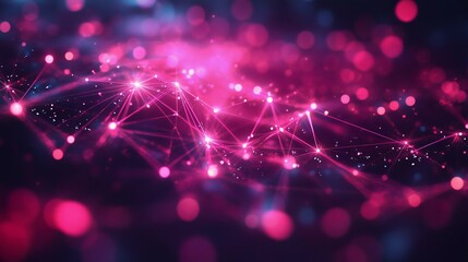 Obraz premium Vibrant abstract background featuring interconnected glowing nodes and lines in pink and blue hues, perfect for technology and digital concepts.