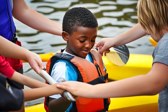 Boy learns to kayak with instructors assisting near water. Safety first