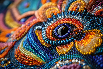 A colorful beaded creation depicting a detailed eye with intricate patterns