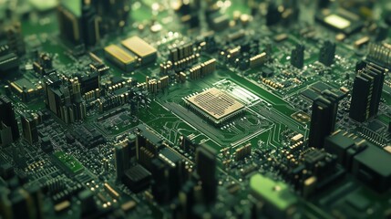 Obraz premium A detailed close-up reveals a maze of tiny components and pathways on a green circuit board, showcasing precision engineering.