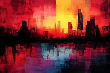 Fototapeta premium Abstract Cityscape Painted With Crimson Hues at the Evening Dusk