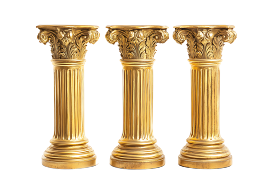 Three golden ionic columns standing side by side against a black background in a studio setting