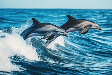 Fototapeta premium A Leap of Freedom (dolphins jumping over ocean waves) 
