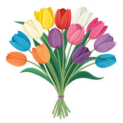 Obraz premium Colorful Tulip Bouquet Illustration Isolated on White Background, Springtime Floral Design