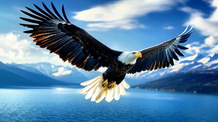 Fototapeta premium Bald Eagle's Majestic Flight Over Blue Lake, Wings Spread Wide Against Distant Mountain Peaks and Cloudy Sky.