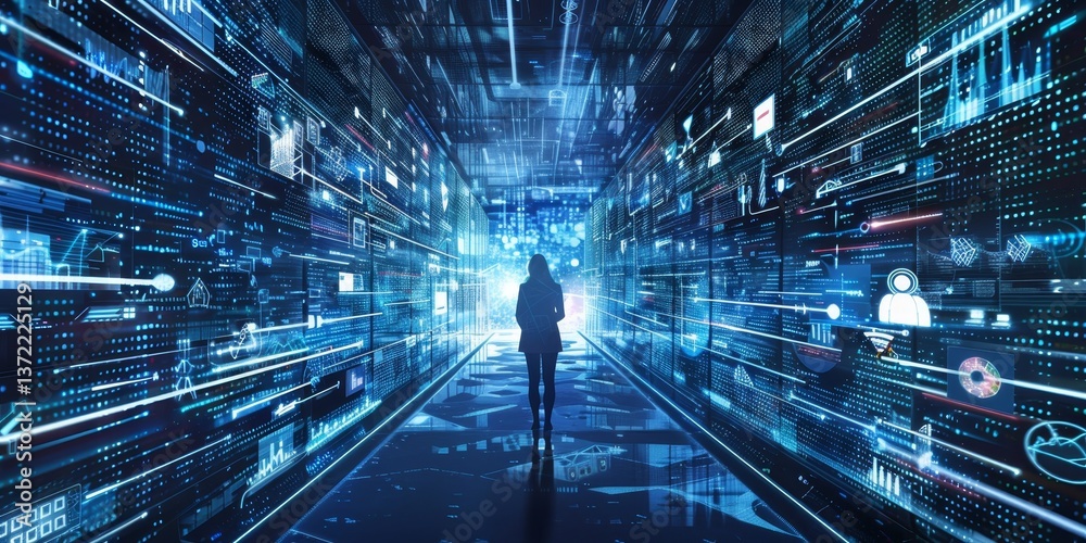 Poster tech-savvy cityscape with networked electronic devices