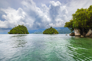 Tropical rock island covered with palm trees and dense jungle rises from the calm waters of Triton...