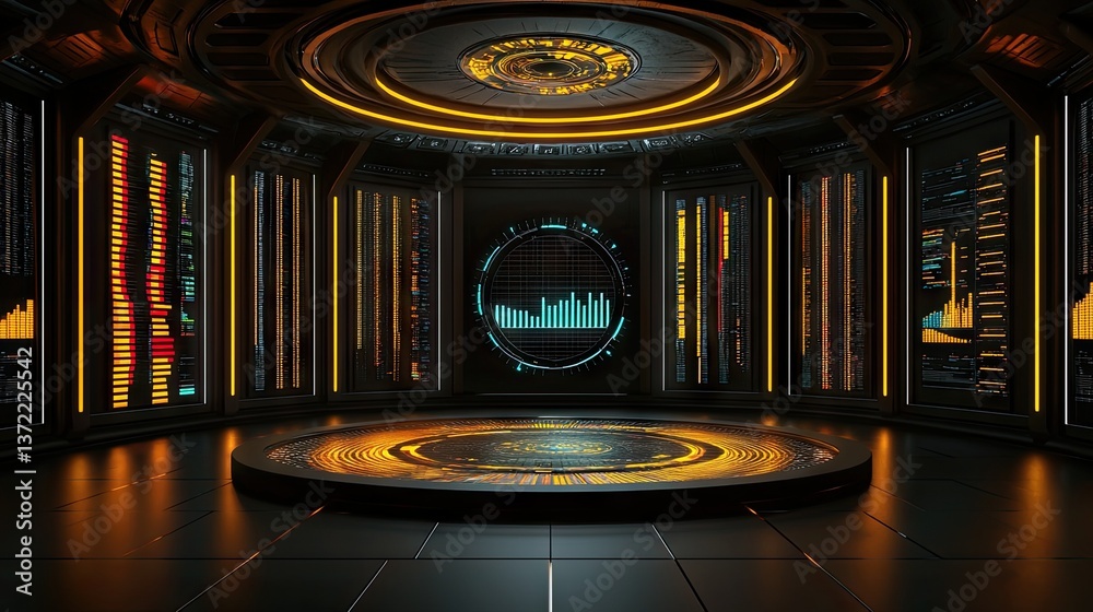 Poster abstract futuristic data visualization dashboard with bright bar graphs and line charts.