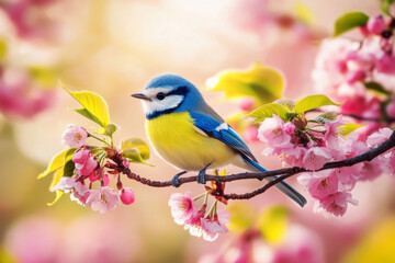 Colorful songbird resting among pink cherry flowers.