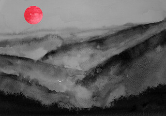watercolor minimal oriental ink wash painting abstract landscape mountain fog and red sun with bird flying .traditional japan .asian sumi-e art style.	