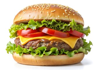 juicy cheeseburger. Brioche pastry, beef patty, iceberg salad, tomato, pickles, house burger sauce. Front view. Isolated on a white background with no shadows