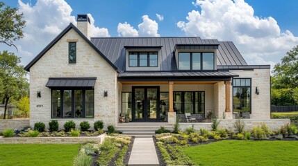 Modern farmhouse home exterior in suburban neighborhood