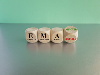 Dices form the expression EMA (European Medicines Agency) approved or rejected. Beautiful blue...