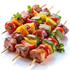 Several skewers of grilled meat, colorful and tender, on white background