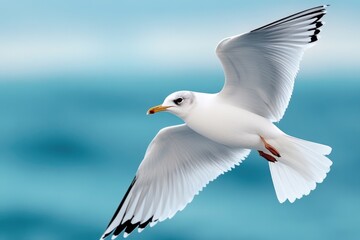 Fototapeta premium Seagull flying over the turquoise sea with wide open wings