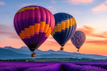 Fototapeta premium Hot air balloons flying over lavender field at sunset