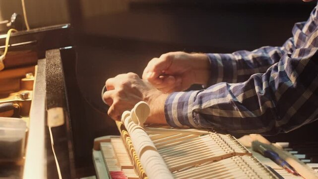Piano technician adjusting the action mechanism of a grand piano, fine-tuning hammers and dampers under warm lighting