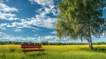 Obraz premium A red bench rests in the shade of a birch tree, nestled in a sunlit meadow under a sky filled with soft, white clouds.
