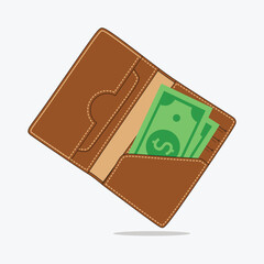 Brown Color Leather Wallet and stack of money vector illustration with White background 