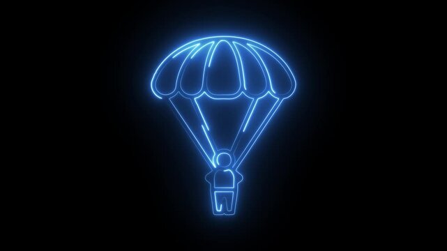 Glowing neon skydiving icon isolated on black background. HD Video motion graphic animation