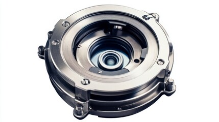 This is a close-up of a metallic mechanical component. Its intricate design showcases engineering excellence. Perfect for tech and industrial use. Generative AI