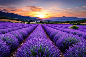 Obraz premium Blooming lavender field at sunset in provence, france